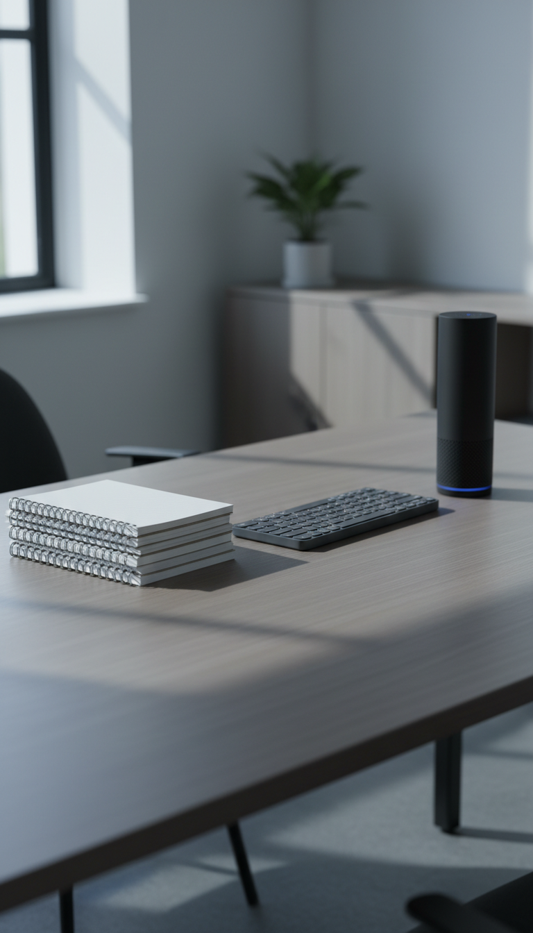 A stack of crisp, ivory-hued notepads with metallic, spiral bindings rests alongside a slate-gray wireless keyboard and a slim, matte-black AI device resembling a voice assistant. All items are organized on a spacious, impeccably tidy office desk of muted oak. Cool, indirect daylight from a high window creates soft highlights on the workstation’s edges and gentle, elongated shadows across the desktop. The overall scene is structured and methodical, communicating clarity and order. Shot from a slightly elevated angle with a shallow depth of field, the arrangement feels meticulously balanced and modern, matching the professional, neutral tones and clean image style appropriate for AI writing insights.