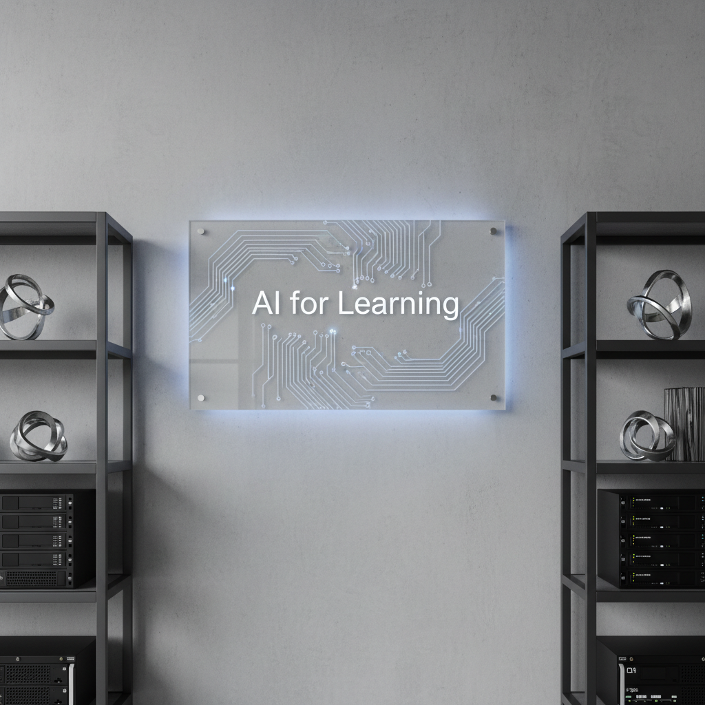 A close-up of a glossy, clear acrylic panel etched with elegant circuit patterns and the phrase 'AI for Learning' in crisp, modern font. The panel is mounted on a smooth, light concrete wall in a pristine tech workspace defined by symmetrical shelving and muted metallic accents. Subtle, cool-hued LED strips underneath the panel create a gentle backlit effect, radiating a soft glow and casting mild, clean-edged shadows. The atmosphere is forward-thinking yet refined, with a structured, corporate aesthetic. Captured from a straight-on angle with balanced composition and sharp clarity, the image is designed for a blog entry about the intersection of AI, learning, and application development.