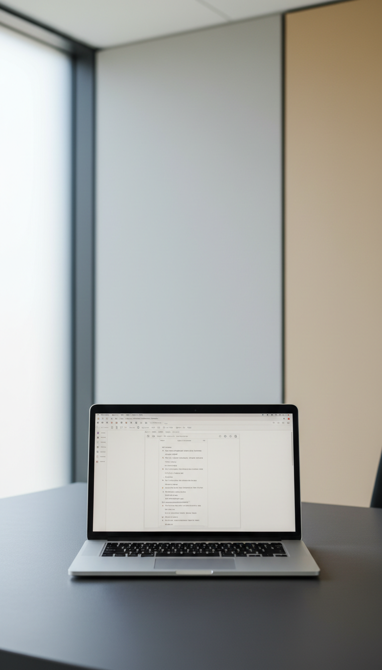 A sleek, silver laptop with a reflective, fingerprint-free surface sits neatly on a matte charcoal desk, its screen displaying a subtly blurred document editor. The environment is a minimalist office space, defined by clean lines and neutral gray walls with hints of soft, warm beige. Daylight streams in through a frosted window to the left, casting a gentle, diffused glow that creates balanced highlights on the laptop lid and subtle shadows below. The mood is calm and professional, evoking a sense of focused productivity. Captured from an eye-level perspective with a centered composition and sharp focus throughout, the image exudes photographic realism and a corporate, clean aesthetic—perfectly aligning with a blog about AI-assisted writing and applications.